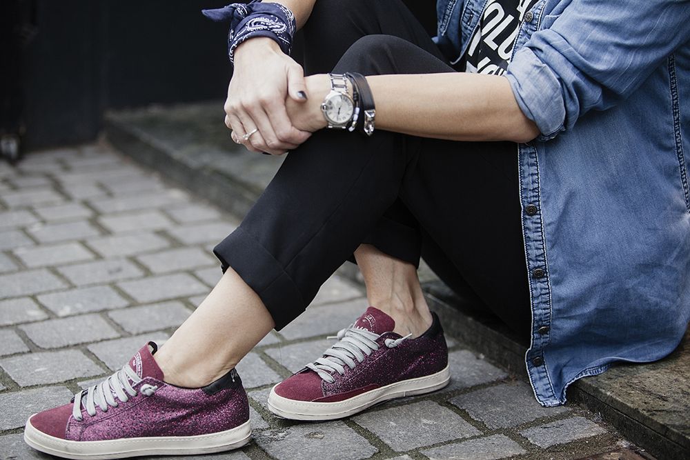 streetstyle look BlogForShops for Mikki Breda wearing P448 sneakers, suit pant, denim shirt fall winter look 2015